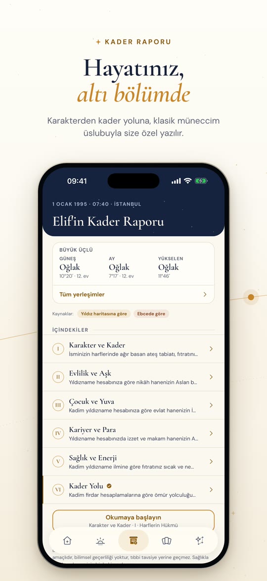 Kader Raporu. Hayatınız, altı bölümde. Karakterden kader yoluna, klasik müneccim üslubuyla size özel yazılır.