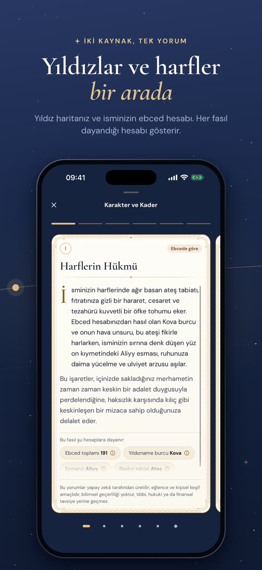 İki kaynak, tek yorum. Yıldızlar ve harfler bir arada. Yıldız haritanız ve isminizin ebced hesabı. Her fasıl dayandığı hesabı gösterir.