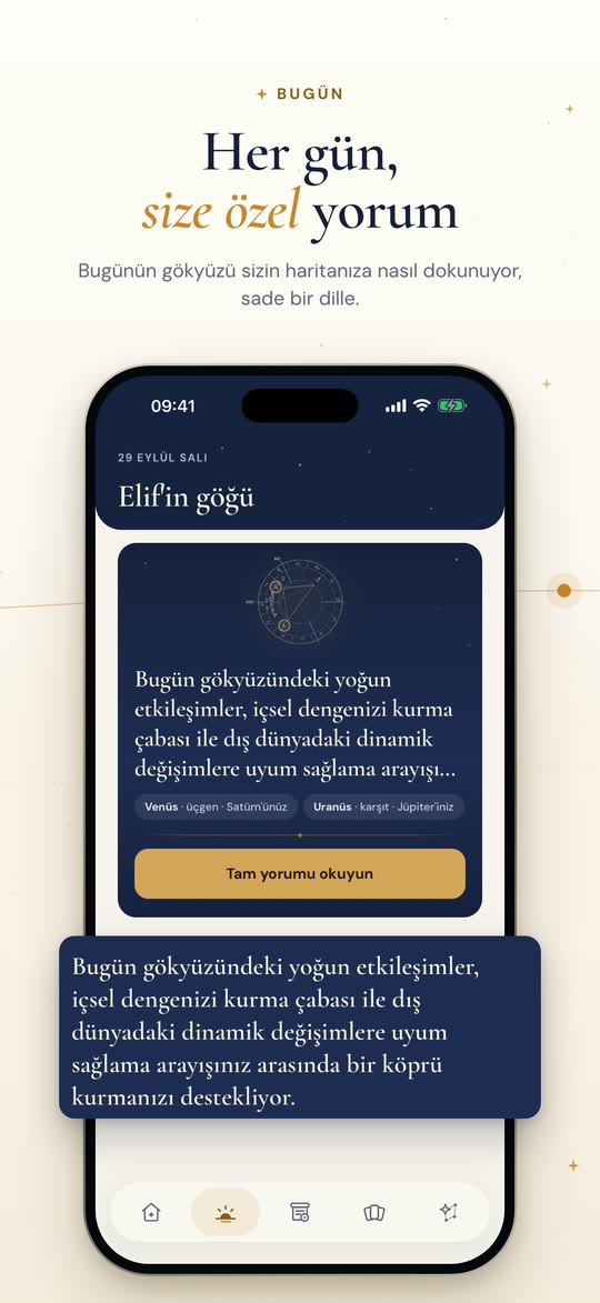 Bugün. Her gün, size özel yorum. Bugünün gökyüzü sizin haritanıza nasıl dokunuyor, sade bir dille.