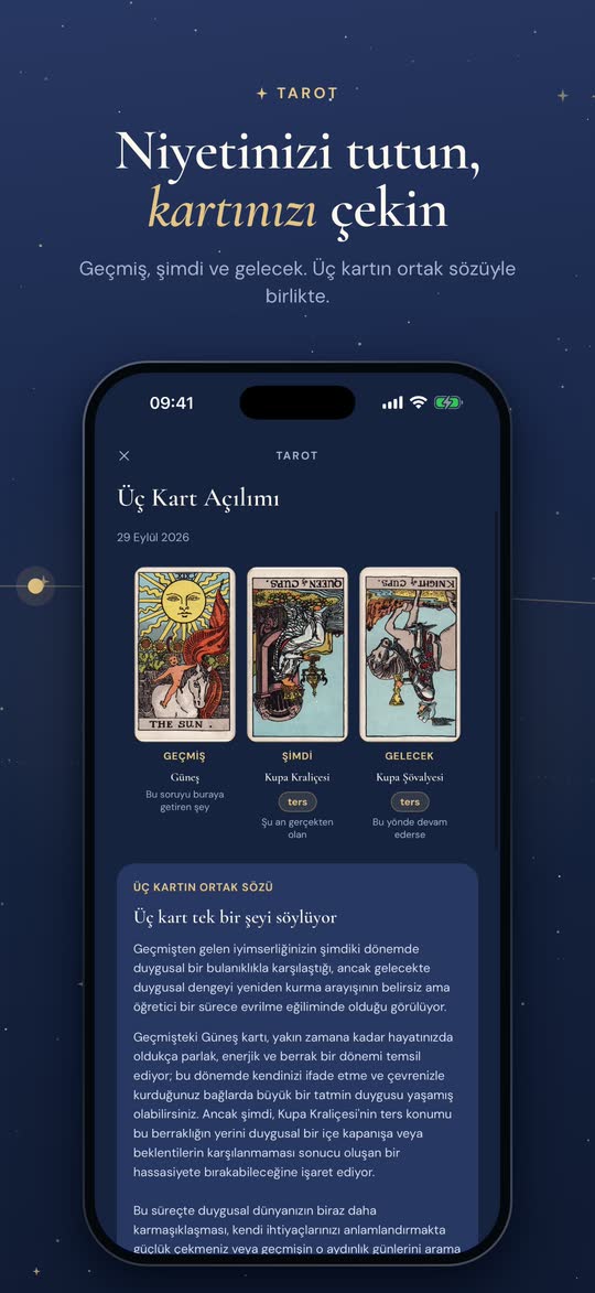 Tarot. Niyetinizi tutun, kartınızı çekin. Geçmiş, şimdi ve gelecek. Üç kartın ortak sözüyle birlikte.